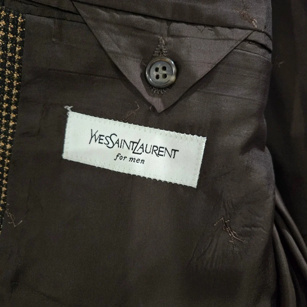 YSL Yves Saint Laurent 44R* Vintage 80s Blazer Brown Wool Silk MicroCheck Jacket